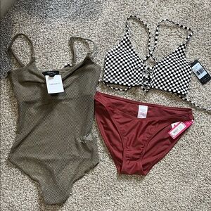 Forever 21 Olive Mesh Bodysuit and Checkered Bikini Set